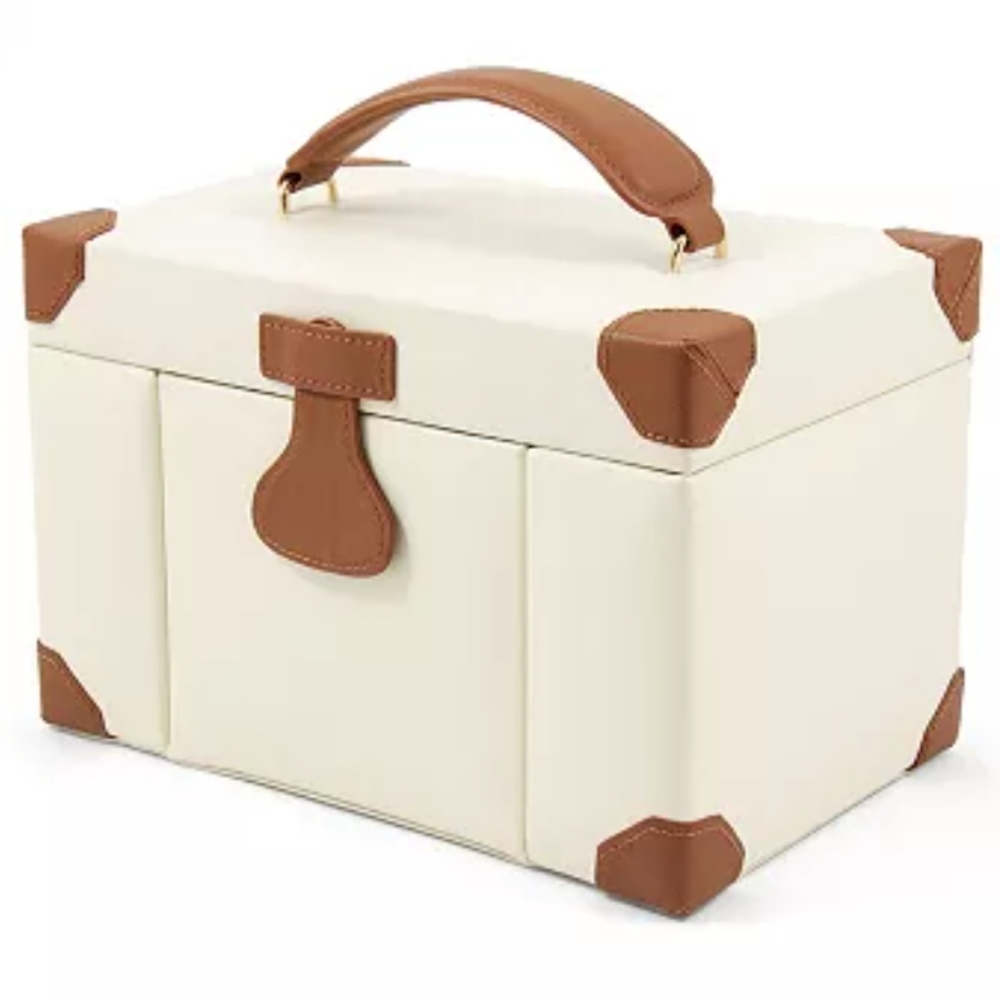 Bey-Berk Ivory Leather Jewelry Box, Travel Case & Valet Tray Set